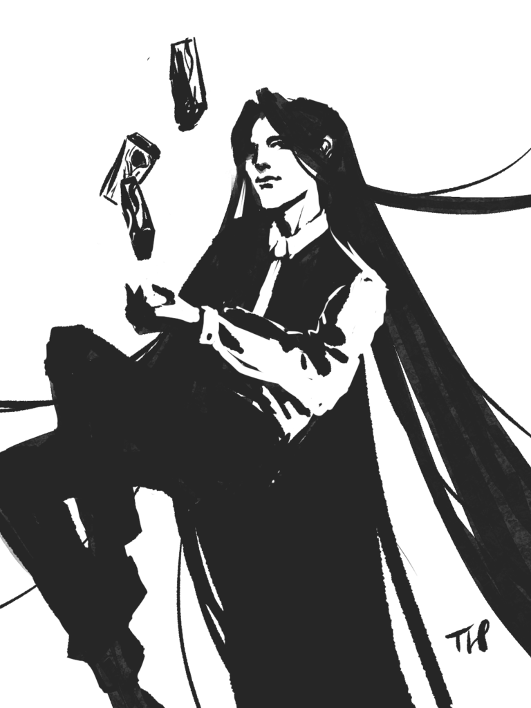 A black and white drawing of Wraith from the Wraithwood Academy series. He has a faint smile on his lips and oddly-textured bricks in his hand.